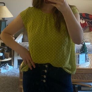 Lime Green Citron Polka Dot Ruffle Blouse Business Casual Silky